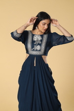 Load image into Gallery viewer, Navy Blue Chinnon skirt paired with zardosi gota embroidered designer blouse
