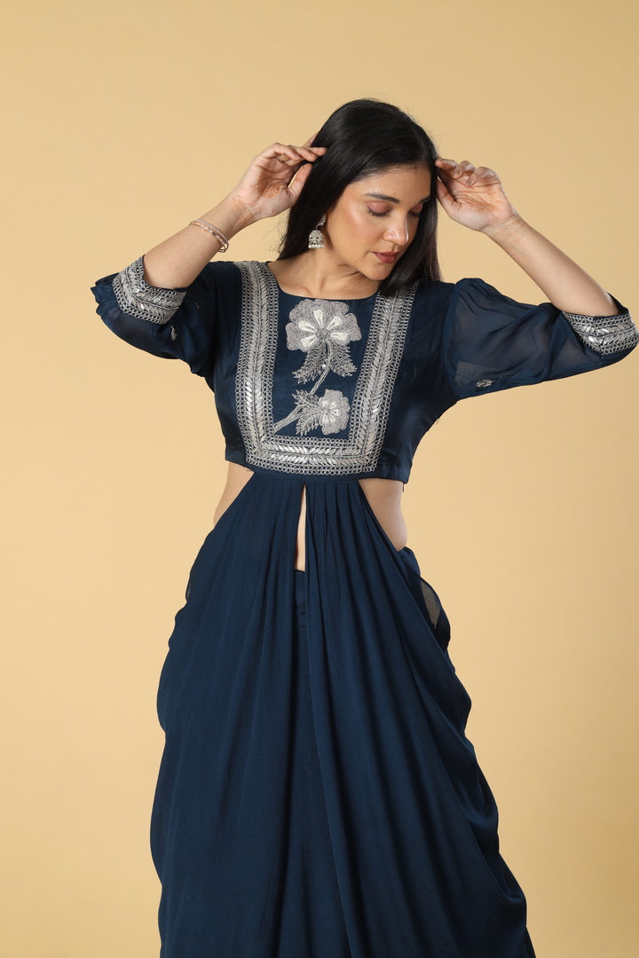 Navy Blue Chinnon skirt paired with zardosi gota embroidered designer blouse