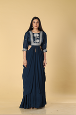 Load image into Gallery viewer, Navy Blue Chinnon skirt paired with zardosi gota embroidered designer blouse

