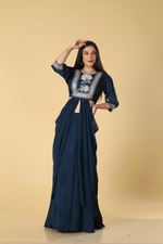 Load image into Gallery viewer, Navy Blue Chinnon skirt paired with zardosi gota embroidered designer blouse
