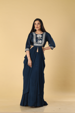Load image into Gallery viewer, Navy Blue Chinnon skirt paired with zardosi gota embroidered designer blouse
