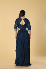 Load image into Gallery viewer, Navy Blue Chinnon skirt paired with zardosi gota embroidered designer blouse
