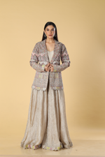 Load image into Gallery viewer, Champange gold crushed tissue palazzo tube paired with zardosi &amp; resham jacket
