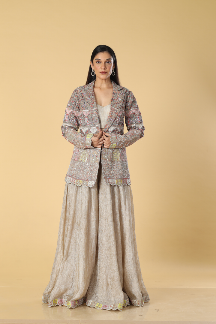 Champange gold crushed tissue palazzo tube paired with zardosi & resham jacket