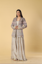 Load image into Gallery viewer, Champange gold crushed tissue palazzo tube paired with zardosi &amp; resham jacket
