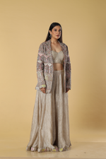 Load image into Gallery viewer, Champange gold crushed tissue palazzo tube paired with zardosi &amp; resham jacket
