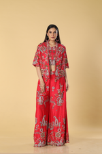 Load image into Gallery viewer, Coral red imported raw silk resham embroidered blouse jacket &amp; palazzo
