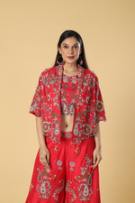 Load image into Gallery viewer, Coral red imported raw silk resham embroidered blouse jacket &amp; palazzo
