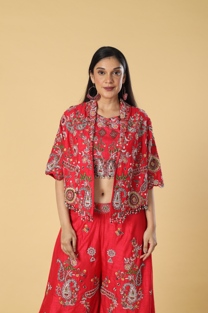 Coral red imported raw silk resham embroidered blouse jacket & palazzo