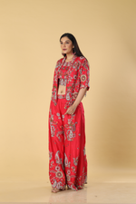 Load image into Gallery viewer, Coral red imported raw silk resham embroidered blouse jacket &amp; palazzo
