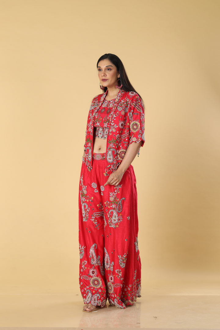 Coral red imported raw silk resham embroidered blouse jacket & palazzo
