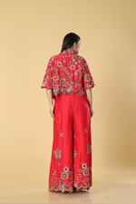 Load image into Gallery viewer, Coral red imported raw silk resham embroidered blouse jacket &amp; palazzo
