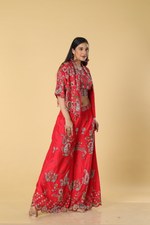 Load image into Gallery viewer, Coral red imported raw silk resham embroidered blouse jacket &amp; palazzo
