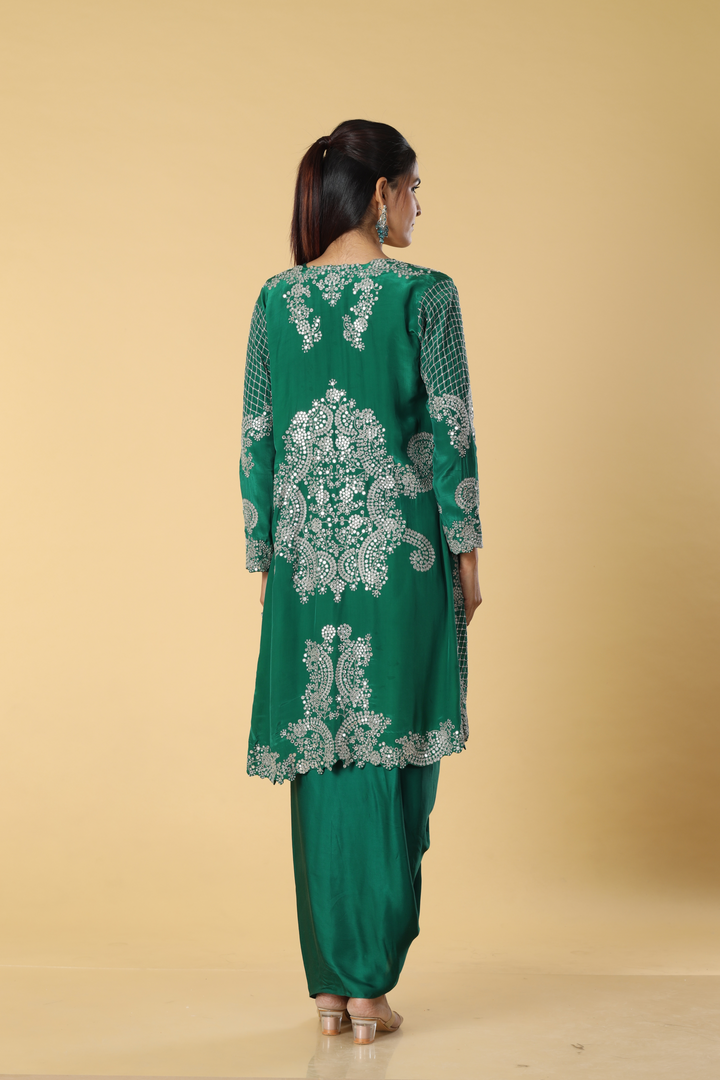 Rama green crepe abla resham pearl embroidery drape & blouse paired with modal satin tulip skirt