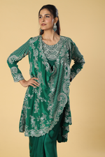 Load image into Gallery viewer, Rama green crepe abla resham pearl embroidery drape &amp; blouse paired with modal satin tulip skirt
