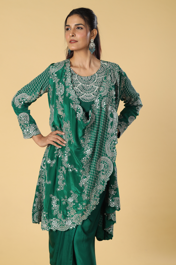 Rama green crepe abla resham pearl embroidery drape & blouse paired with modal satin tulip skirt