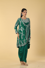 Load image into Gallery viewer, Rama green crepe abla resham pearl embroidery drape &amp; blouse paired with modal satin tulip skirt
