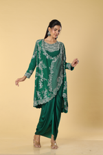 Load image into Gallery viewer, Rama green crepe abla resham pearl embroidery drape &amp; blouse paired with modal satin tulip skirt
