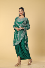 Load image into Gallery viewer, Rama green crepe abla resham pearl embroidery drape &amp; blouse paired with modal satin tulip skirt
