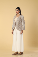 Load image into Gallery viewer, Off white dori moti work jacket paired with georgette organza

