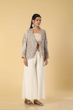 Load image into Gallery viewer, Off white dori moti work jacket paired with georgette organza
