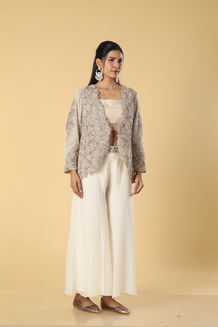 Off white dori moti work jacket paired with georgette organza