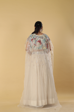 Load image into Gallery viewer, Ivory organza sequence multicolour embroidered blouse and cape paired with pleated chiffon organza skirt
