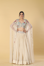 Load image into Gallery viewer, Ivory organza sequence multicolour embroidered blouse and cape paired with pleated chiffon organza skirt
