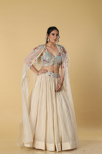 Load image into Gallery viewer, Ivory organza sequence multicolour embroidered blouse and cape paired with pleated chiffon organza skirt
