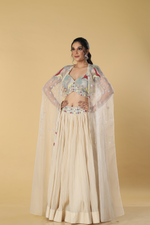 Load image into Gallery viewer, Ivory organza sequence multicolour embroidered blouse and cape paired with pleated chiffon organza skirt
