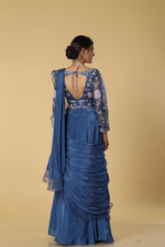 Load image into Gallery viewer, Blue raw silk multicolour resham embroidered blouse paired with chinnon drape &amp; crepe skirt
