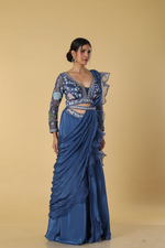 Load image into Gallery viewer, Blue raw silk multicolour resham embroidered blouse paired with chinnon drape &amp; crepe skirt
