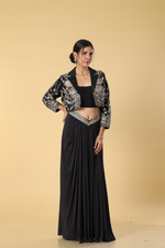 Load image into Gallery viewer, Black golden embroidered raw silk balzer paired with lycra skirt
