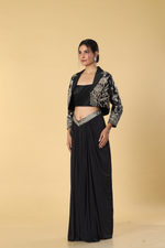Load image into Gallery viewer, Black golden embroidered raw silk balzer paired with lycra skirt
