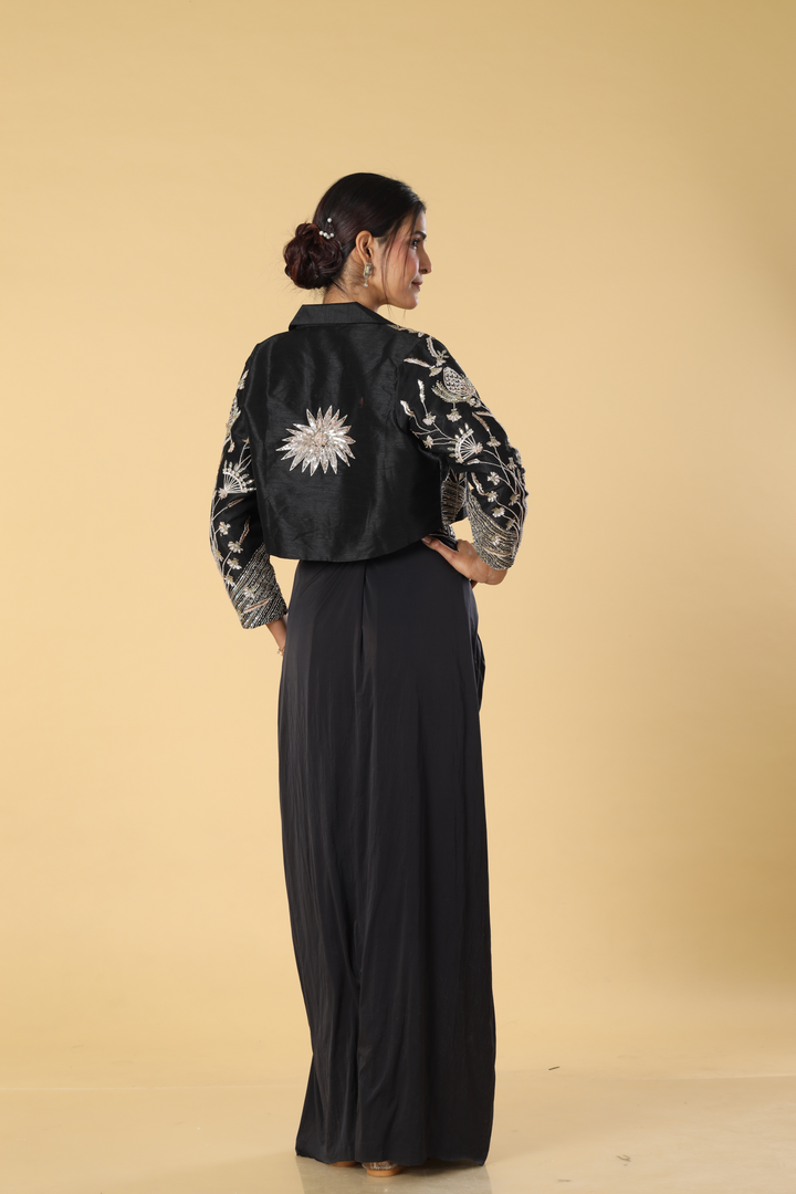 Black golden embroidered raw silk balzer paired with lycra skirt