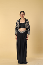 Load image into Gallery viewer, Black golden embroidered raw silk balzer paired with lycra skirt
