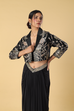 Load image into Gallery viewer, Black golden embroidered raw silk balzer paired with lycra skirt
