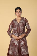 Load image into Gallery viewer, Brown georgette pleated skirt paired with organza patch work indowestern
