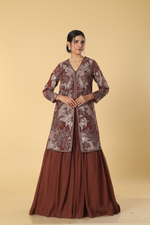 Load image into Gallery viewer, Brown georgette pleated skirt paired with organza patch work indowestern
