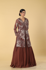 Load image into Gallery viewer, Brown georgette pleated skirt paired with organza patch work indowestern
