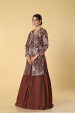 Load image into Gallery viewer, Brown georgette pleated skirt paired with organza patch work indowestern
