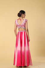 Load image into Gallery viewer, Pink ombrae satin organza palazzo paired with butterfly patterm embroidered blouse
