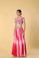 Load image into Gallery viewer, Pink ombrae satin organza palazzo paired with butterfly patterm embroidered blouse

