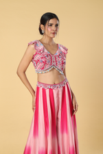 Load image into Gallery viewer, Pink ombrae satin organza palazzo paired with butterfly patterm embroidered blouse
