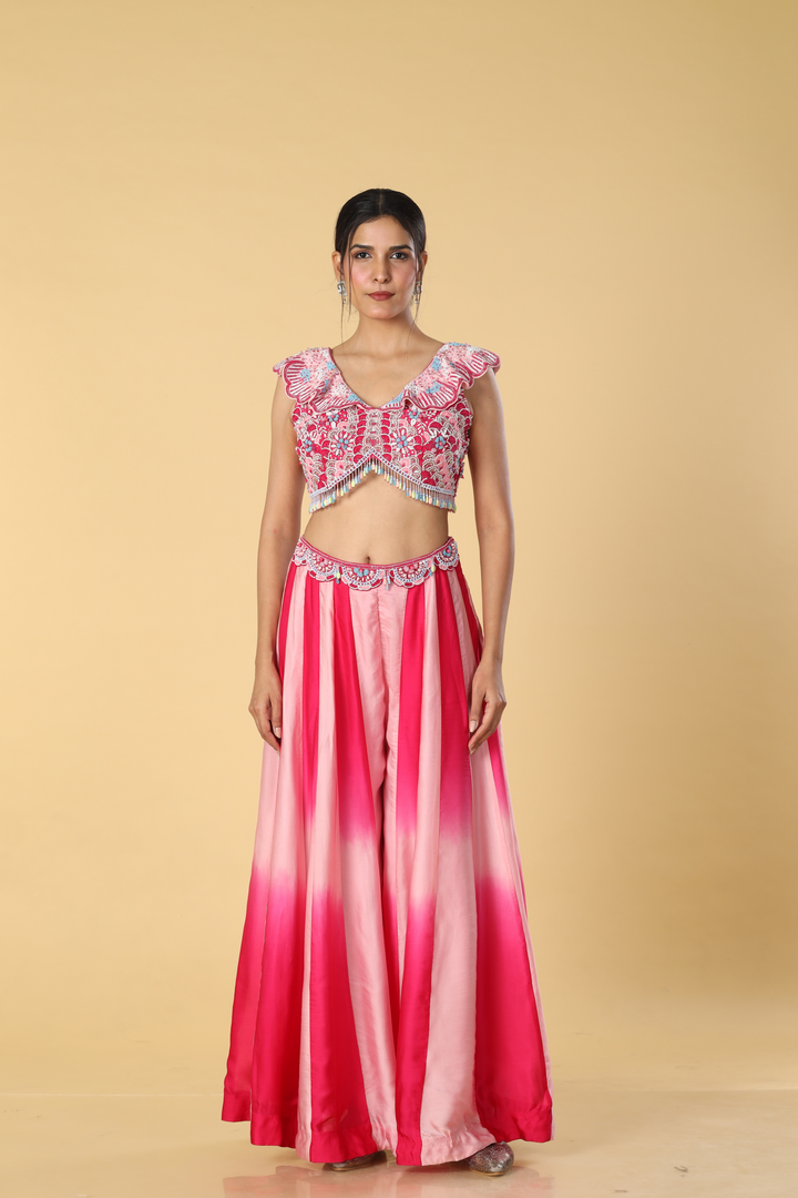 Pink ombrae satin organza palazzo paired with butterfly patterm embroidered blouse