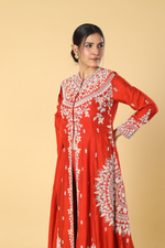 Load image into Gallery viewer, Orange D- dupion pearl indowesten paired with palazzo and georgette organza dupatta
