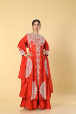 Load image into Gallery viewer, Orange D- dupion pearl indowesten paired with palazzo and georgette organza dupatta
