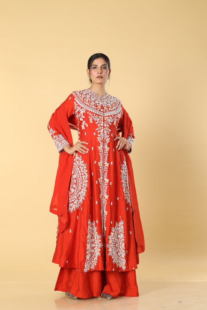 Orange D- dupion pearl indowesten paired with palazzo and georgette organza dupatta