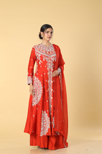 Load image into Gallery viewer, Orange D- dupion pearl indowesten paired with palazzo and georgette organza dupatta
