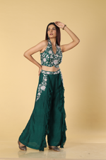 Load image into Gallery viewer, Green D-dupion georgette ruffle palazzo paired with embroidered halter neck blouse
